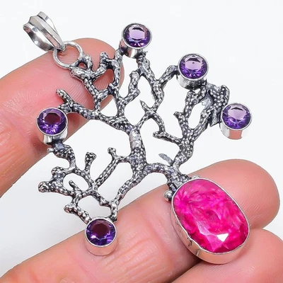 Ruby(Simulated), Amethyst Gemstone 925 Sterling Silver Pendant 2.72" S663 - Image 1 of 2