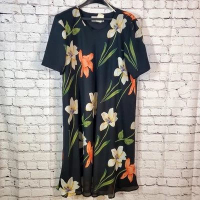 Jessica Howard Black Multicolor Floral Short Sleeve Maxi Dress Women Size 22 Vtg - Image 1 of 4