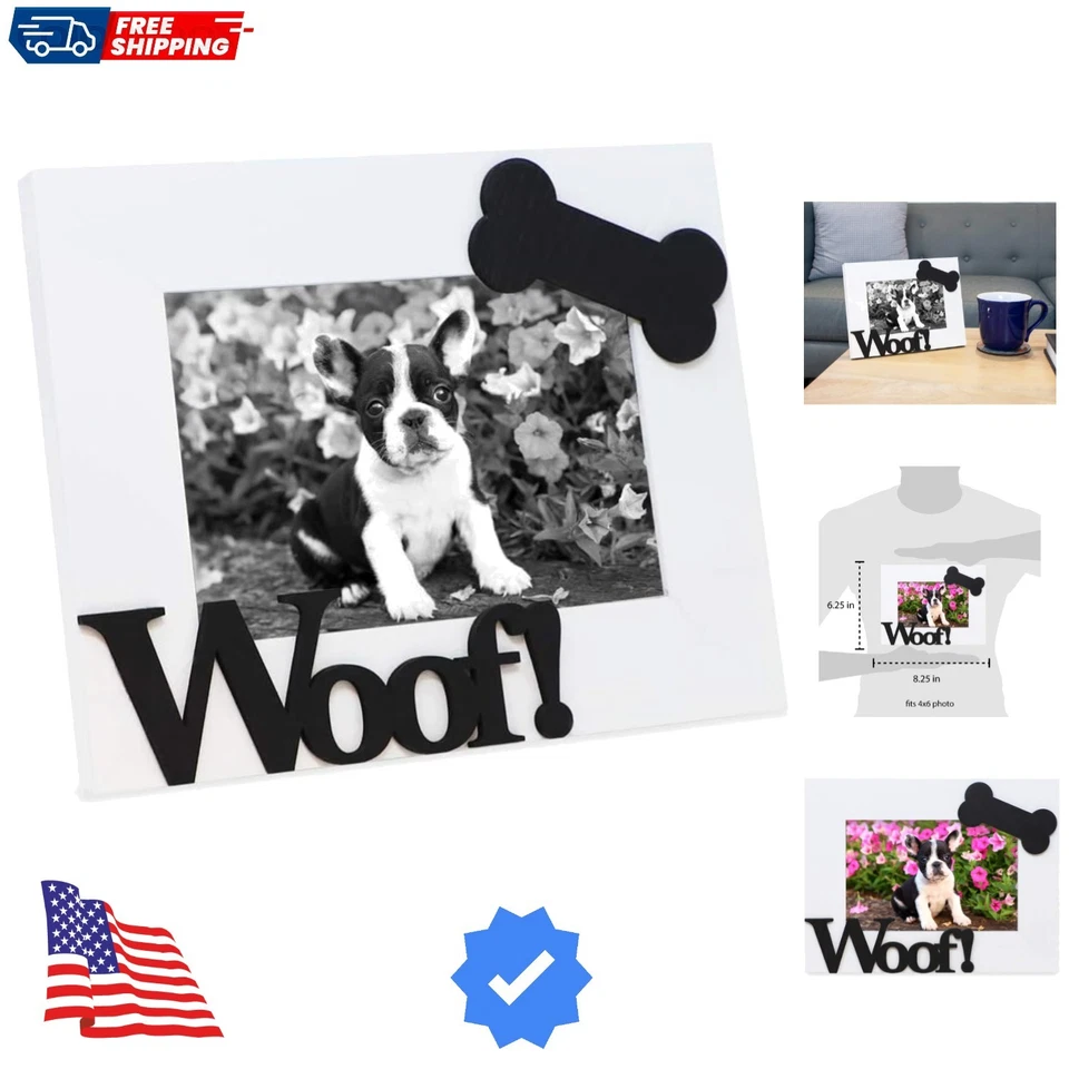 Isaac Jacobs White Wood Sentiments Dog Woof Picture Frame 4x6 Inch