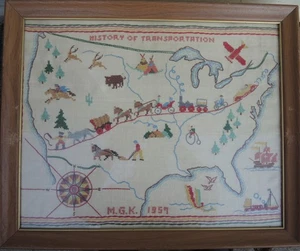 Mapa CrossStitch Needlepoint historia del transporte de Estados Unidos 1957 vintage - Imagen 1 de 5