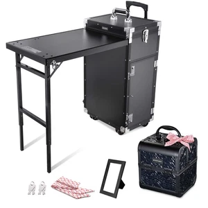 Byootique Aluminum Rolling Nail Table with Train Case Cosmetic Organizer Black - Picture 1 of 9
