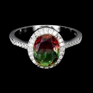 925 Sterling Silver Ring Oval Tourmaline Synthetic Watermelon Gemstone Size 8.5 - Picture 1 of 14
