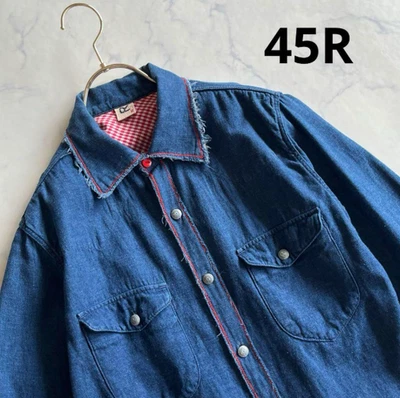 Camisa de algodão índigo 45R 45rpm costura vermelha franja bainha logotipo botões tamanho 2 Japão - Imagem 1 de 4