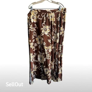 Pomare Hawaiian Women's Vintage Floral Wrap Maxi Skirt Brown Yellow M - Picture 1 of 5
