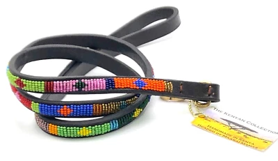 Correa de perro de cuero con cuentas hecha a mano de la colección Kenyan - patrón de diamantes *NUEVA* Foto 1 de 4