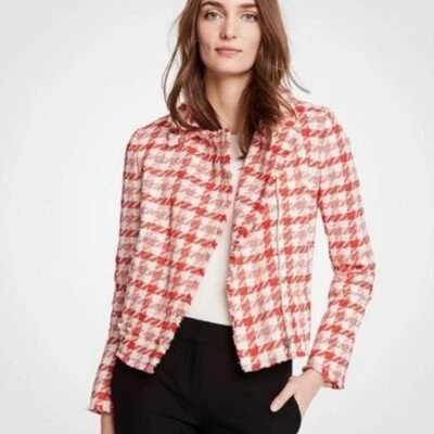NUEVO SIN ETIQUETAS Ann Taylor Talla Pequeña Rojo Blanco Cuadros Guinga Blazer Tweed Chaqueta Abrigo Cuadros Foto 1 de 4