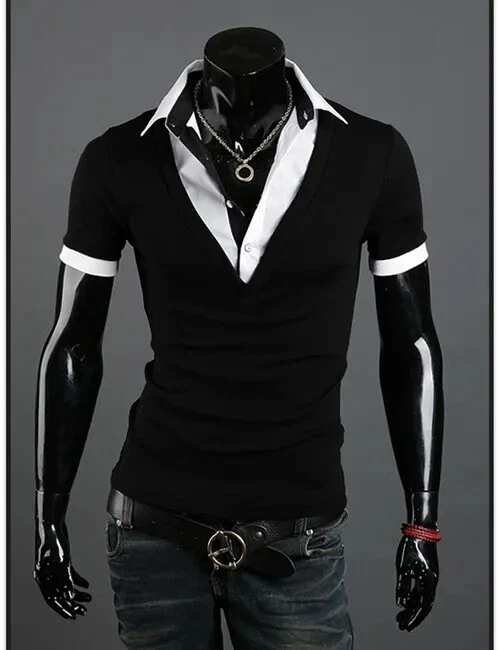 Mens Shirts Short Sleeves Luxury Casual Slim Fit Camisas Double Collar Shirts - Image 1 of 4