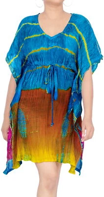 LA LEELA Silk Tie Dye Swimsuit Cover Up OSFM 14-32 [L-5X] BRIGHT Blue_5901 - Image 1 of 3