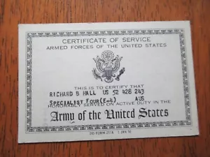Vtg 1956 - 1958 US Army Certificate of Service Card FREE SHIPPING - Picture 1 of 2