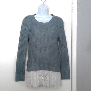 Knox Rose Boho Sweater Pullover Grayish Blue Tunic Lace Ruffle at Hem EUC Sz XS - Picture 1 of 7