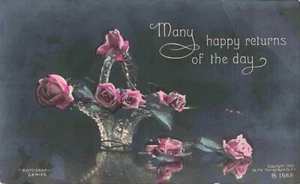 Happy Returns, Rotógrafo Rosas Rosas Tintadas a Mano, 1906 RPPC Foto Real Postal - Imagen 1 de 2