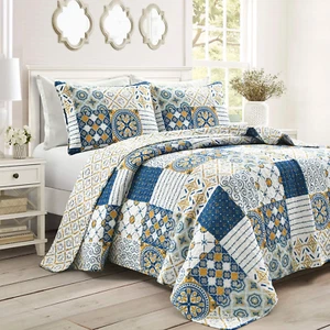 Monique 3 Piece Quilt Set, King, Navy & Mustard - Picture 1 of 9