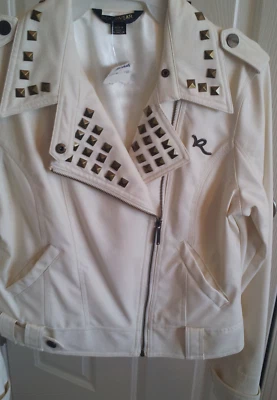 Rocawear White Biker Style Jacket WMN Size L Faux Leather Bronze Studs Zip Front - Image 1 of 4