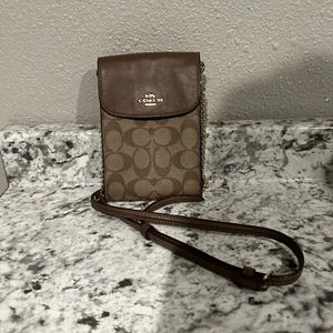 Coach Signature Phone Crossbody Bag Rachael Brown Canvas Brown Leather 3051 B21 - Picture 1 of 6