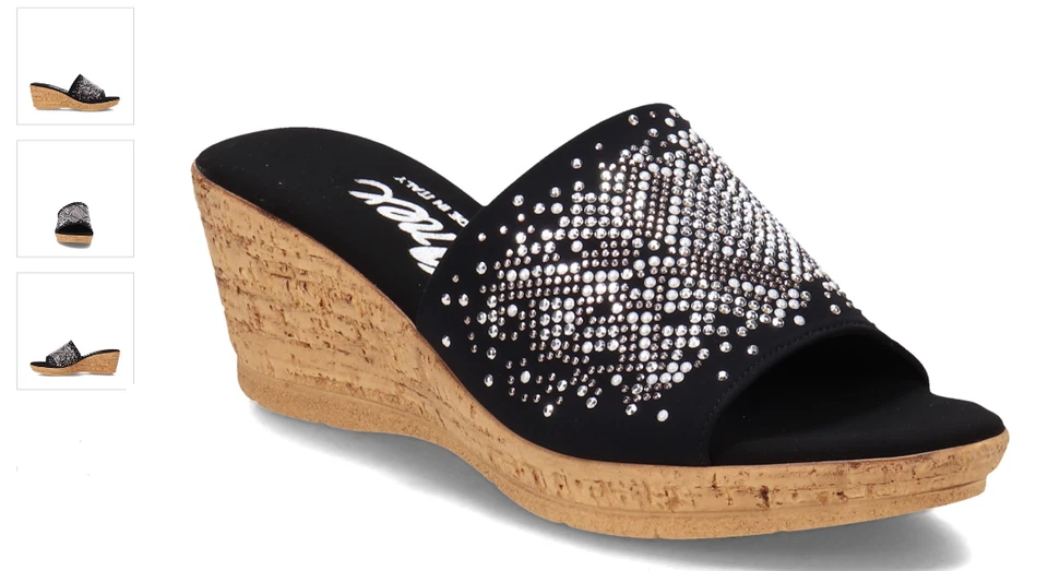 Sandalia de cuña Onex Joline negra/plateada con tachuelas deslizables para mujer tallas EE. UU. 5-11/¡NUEVA!!! Foto 1 de 1