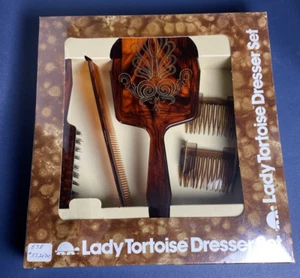 VTG USA Dead Stock Tortoise Shell Celluloid Ladies 5 Piece Vanity Dresser Set - Picture 1 of 7
