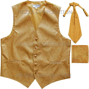 New Men's Vesuvio Napoli Paisley Tuxedo Vest Ascot Cravat Hankie set party Gold - Picture 1 of 3