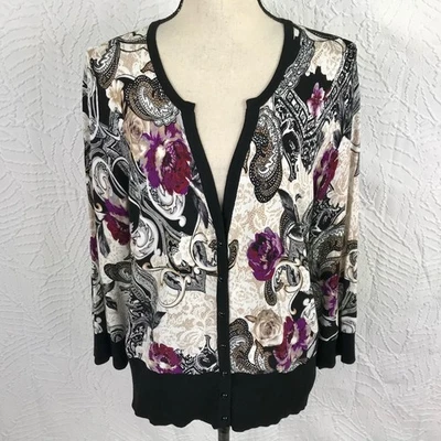 White House Black Market Floral Cardigan Sweater Snaps Size XL  V Neck - Image 1 of 4