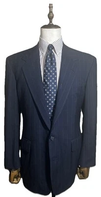 Traje de 2 piezas a medida Tom James 42R de lona completa azul marino a rayas 100 % lana 35x31 Foto 1 de 4