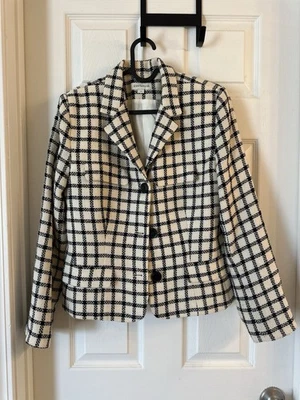 Vintage Ann Taylor Houndstooth Tweed Wool Blend Blazer Jacket Black White 8 - Image 1 of 4