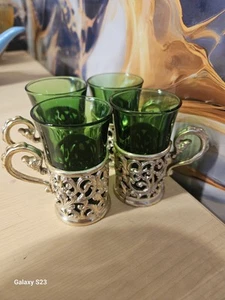 Beautiful Lot of 4 Vintage Italian Green Glasses with Gold Filigree Holders - Picture 1 of 3