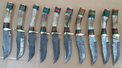 8 inches Handmade lot of 10 Damascus Steel Skinner Knives in Stag horn + Sheath - Image 1 of 4