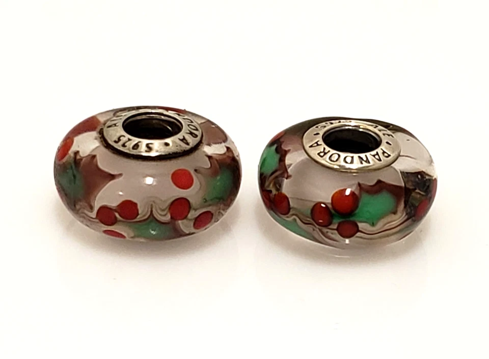Set of 2 Pandora Sterling Silver Christmas Holly Murano Glass Bead Charm 791647 - Image 1 of 4