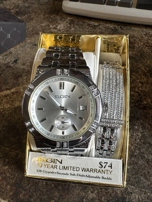 Elgin Men's Watch and Bracelet Set SILVER, FG170010ST NIB - Image 1 of 3