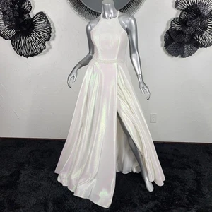 NWT~$495~ALYCE PARIS~SZ 8~WHITE IRIDESCENT BEADED SLIT HALTER MAXI PROM DRESS - Picture 1 of 24