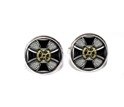 Steam-punk Gears Cross IMAGEN Gótico - Gemelos redondos de metal de vidrio hechos a mano Foto 1 de 3