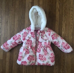 Betsey Johnson 24M Sherpa Hooded Jacket Full Zip Pink Red Roses VGC - Picture 1 of 12