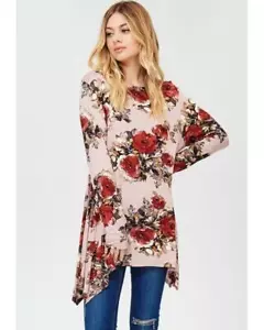 Spring Garden Floral Print Tunic Top with Sharkbite-Hem in Mauve - Picture 1 of 3