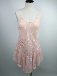 Vtg Womens Sheer Chemise Negligee Nightgown Pink Spaghetti Strap Metallic Ruffle - Picture 1 of 6