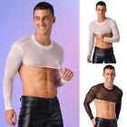 Men Sheer Hollow Out Crop Tops Long Sleeve See Through Undershirt Fishnet Shirts