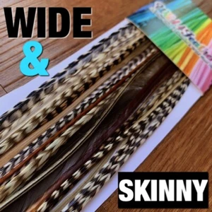 Feather Hair Extensions NATURAL WIDE n' SKINNY Grizzly LONG 16pc Tools Beads Kit - Picture 1 of 16
