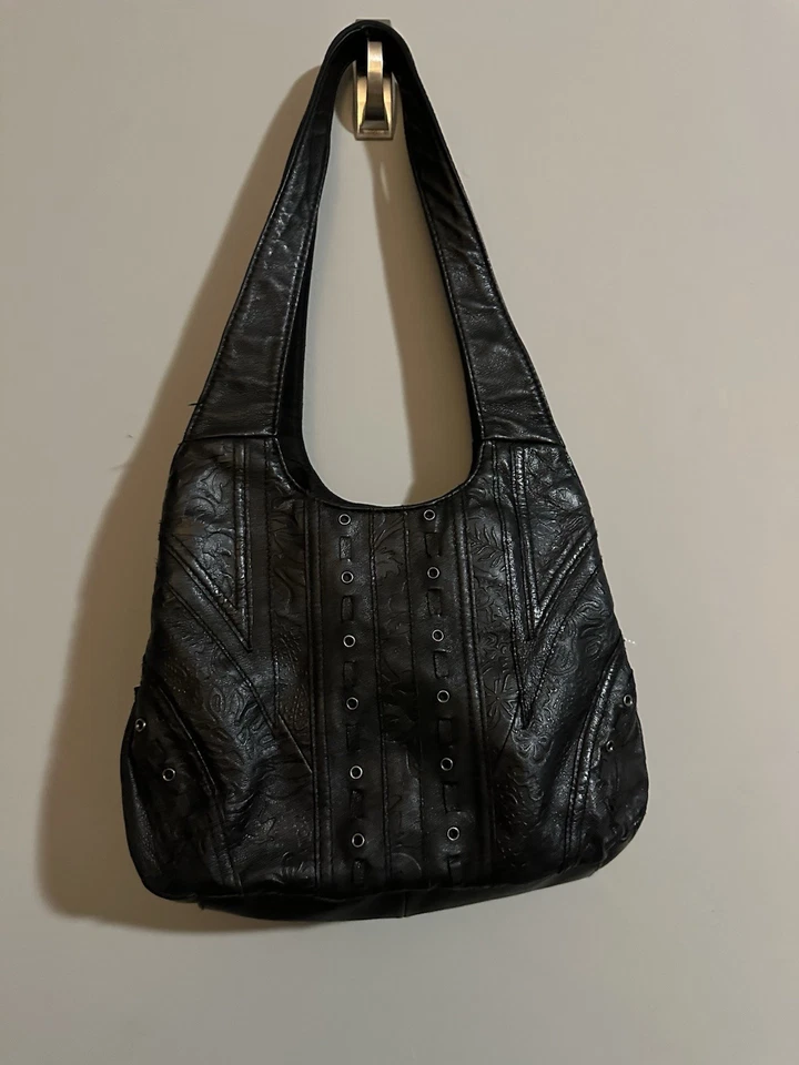 Bolsa de ombro Cabin Creek preta de couro floral em relevo bolsa de mão ocidental - Imagem 1 de 4