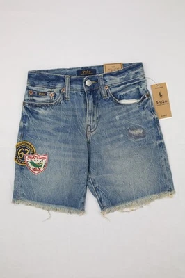 Polo Ralph Lauren Sullivan Slim Denim Shorts Blue 8 Distressed Raw Hem Patches - Image 1 of 4