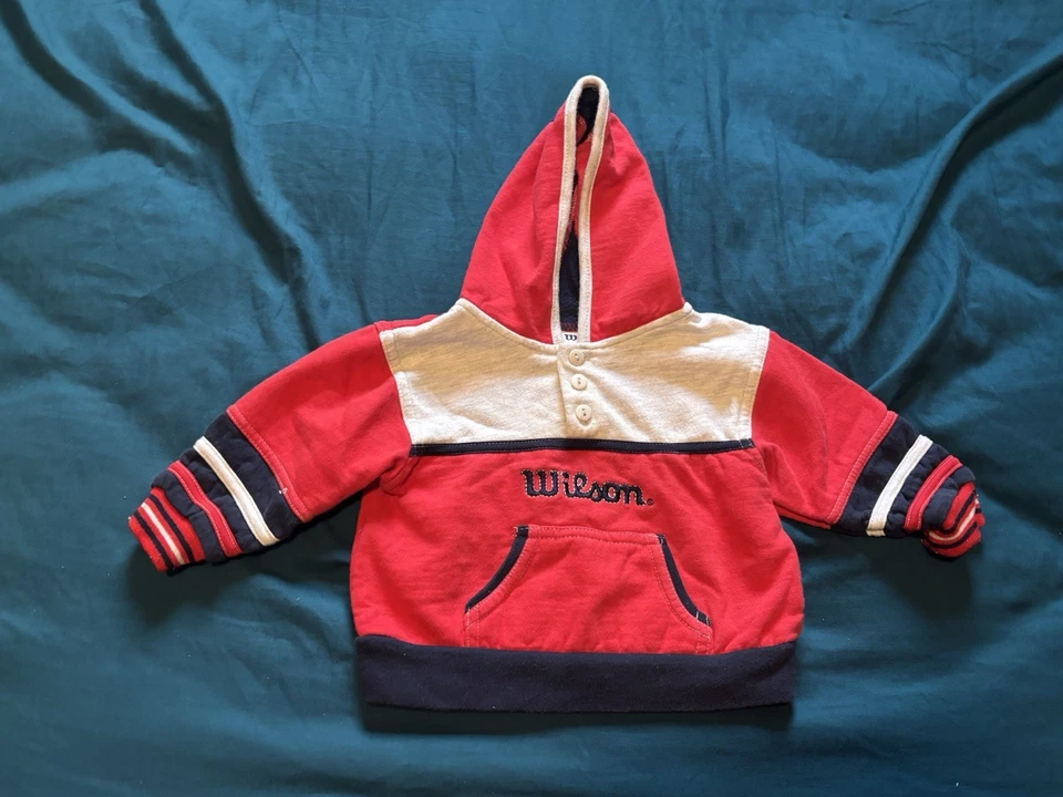 Винтажная толстовка с капюшоном Wilson детский размер 12 месяцев цветной блок красный серый синий - Изображение 1 из 4