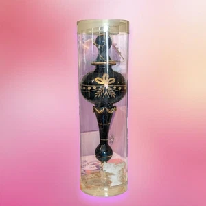 Dark blue glass pendant Christmas ornament with gold accents and etched design  - Picture 1 of 9