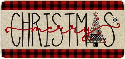 Merry Christmas Doormat,Christmas Trees Xmas Winter Red Black Buffalo Plaid Indo - Image 1 of 4