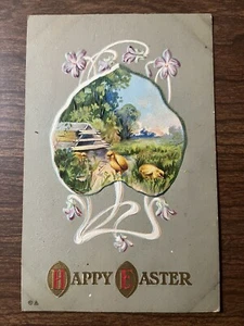 Postal Feliz Pascua en relieve ~ pollitos, paisaje, flores ~ DB, publicada 1913 - Imagen 1 de 2
