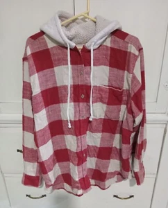 American Eagle womens XL Flannel Shirt Hoodie Plaid hood - Picture 1 of 11