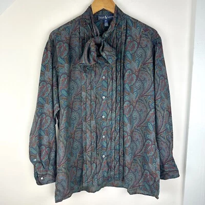 VTG 80's Ralph Lauren Women's 12 Wool Silk Paisley Blouse, Pussy Bow, Union Made - Image 1 of 4