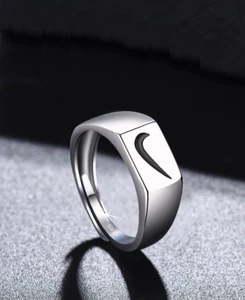 Silver Titanium Unisex Black Hook Nike Symbol Right Marked Adjustable Ring - Picture 1 of 3