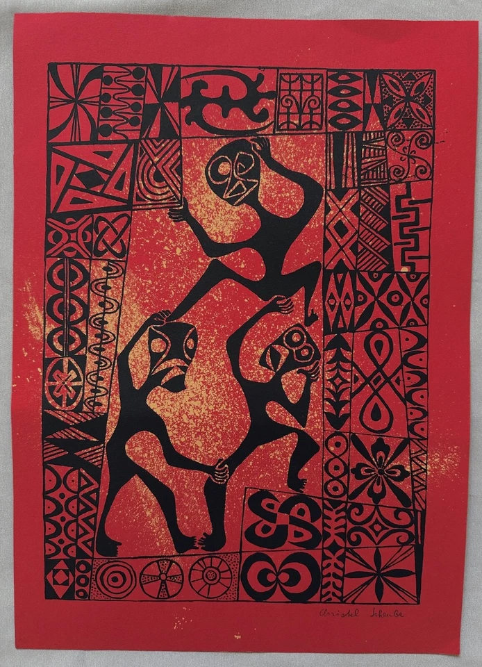 Christel Scheube farbiger Linolschnitt, Motiv: Figuren und Muster, signiert - Bild 1 von 1