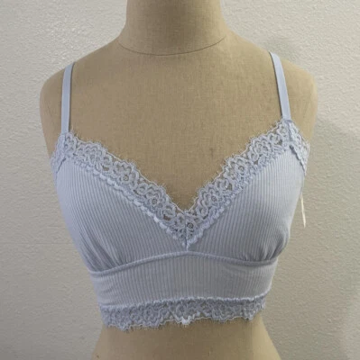 Aerie Ribbed Eyelash Lace Trim Longline Bralette Size S Blue - Image 1 of 4