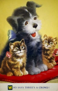 Postcard Cat Dog Animals Kittens Comic Jolly Who Says Three's A Crowd Bamforth - Picture 1 of 5