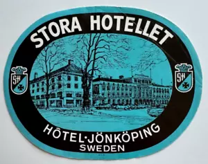 Vintage Luggage Label Sweden Hotel Jonkoping Stora Hotellet building vignette - Picture 1 of 3