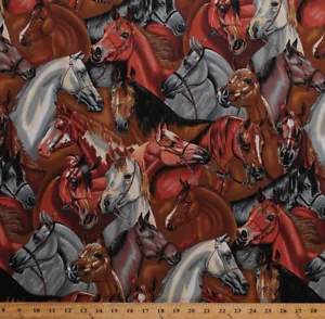 55" Cotton Packed Horse Horses Equestrian Animals on Brown Fabric BTY D468.11 - Picture 1 of 1