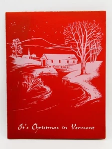 It’s Christmas In Vermont Greeting Card Snow Covered Bridge Frosted Red Vtg - Picture 1 of 4